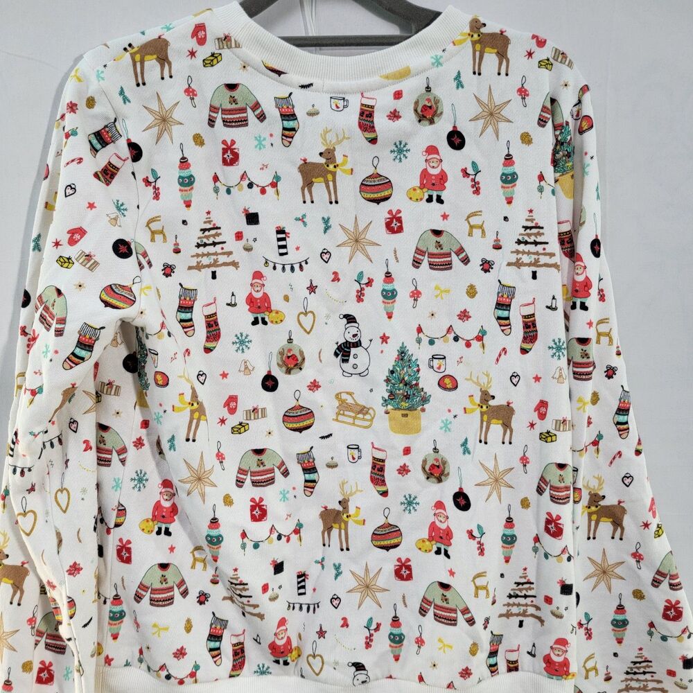 Christmas Style Print Pattern White Sweater Long Sleeves Crew Neck Women's Sz M - Picture 2 of 7